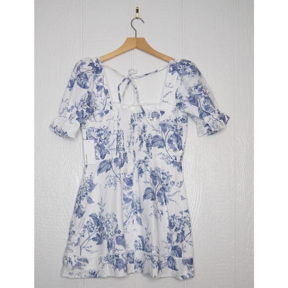 REFORMATION Evianna Linen Blue & White Toile Puff Sleeve Mini Dress US 10 NWT - Picture 12 of 14